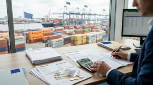 Documents de TVA intracommunautaire et facturation intra-UE devant un port à conteneurs européen